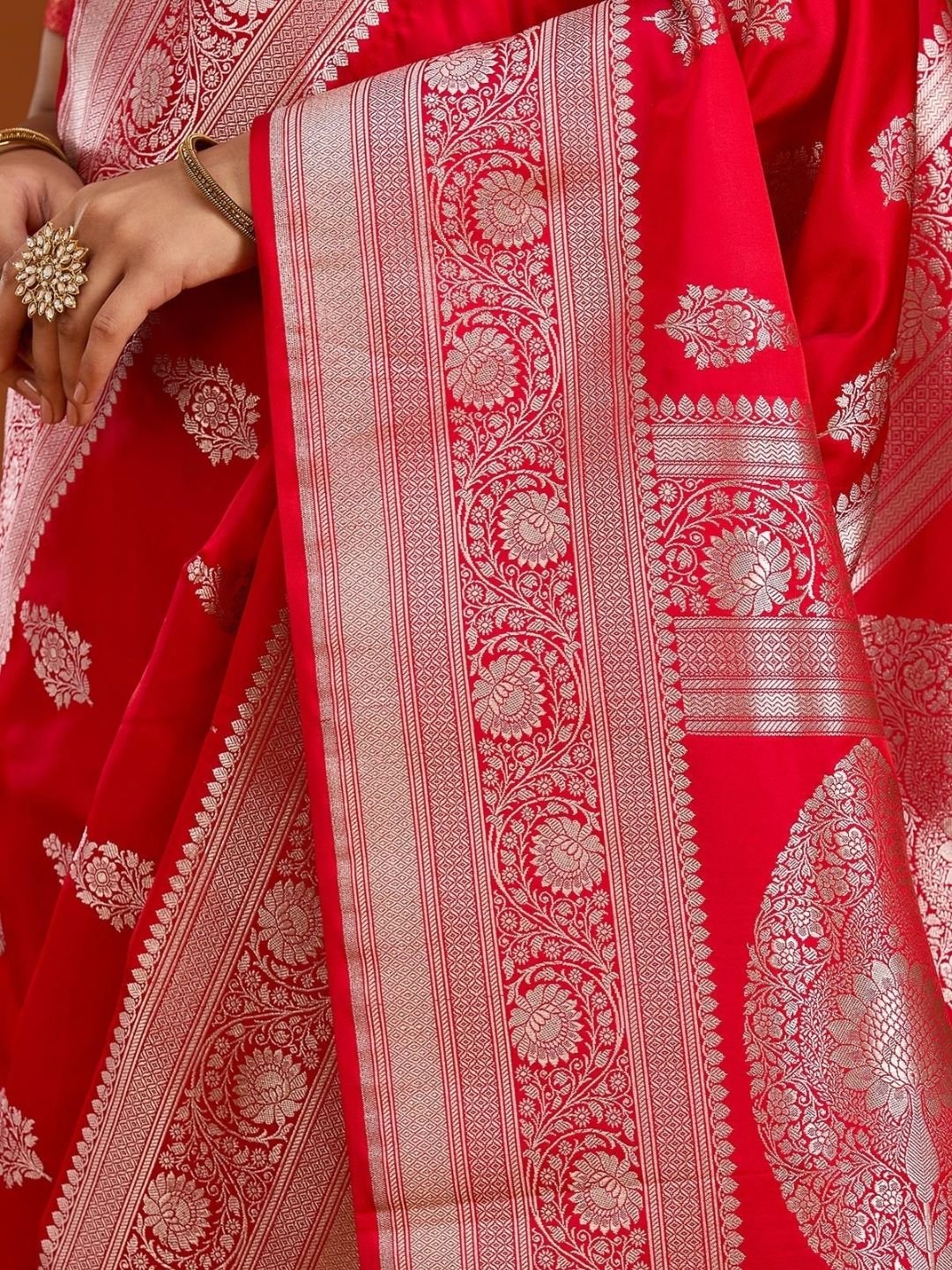 Red Zariwork (Silver) Satin Silk Saree - Image 3