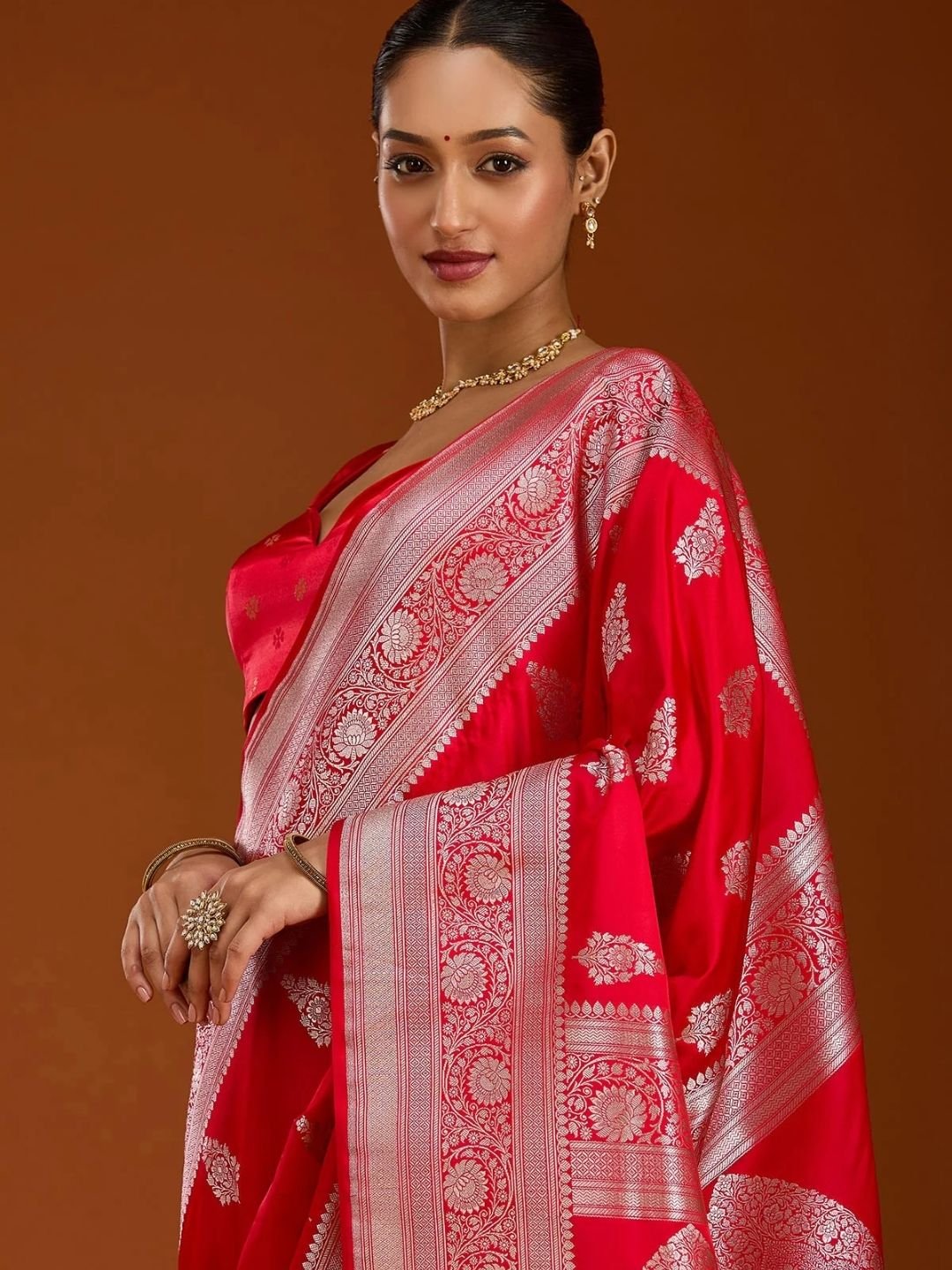 Red Zariwork (Silver) Satin Silk Saree - Image 4