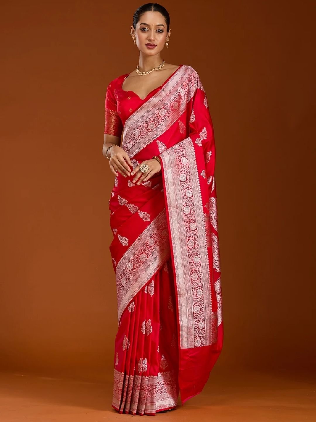 Red Zariwork (Silver) Satin Silk Saree - Image 6