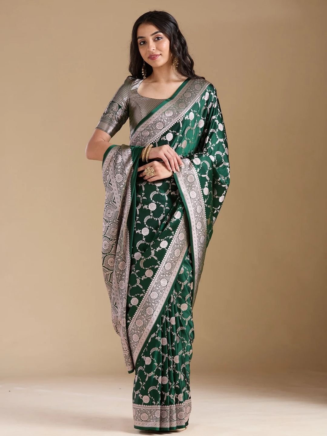 Bottle Green Zariwork (Silver) Banarasi Silk Saree