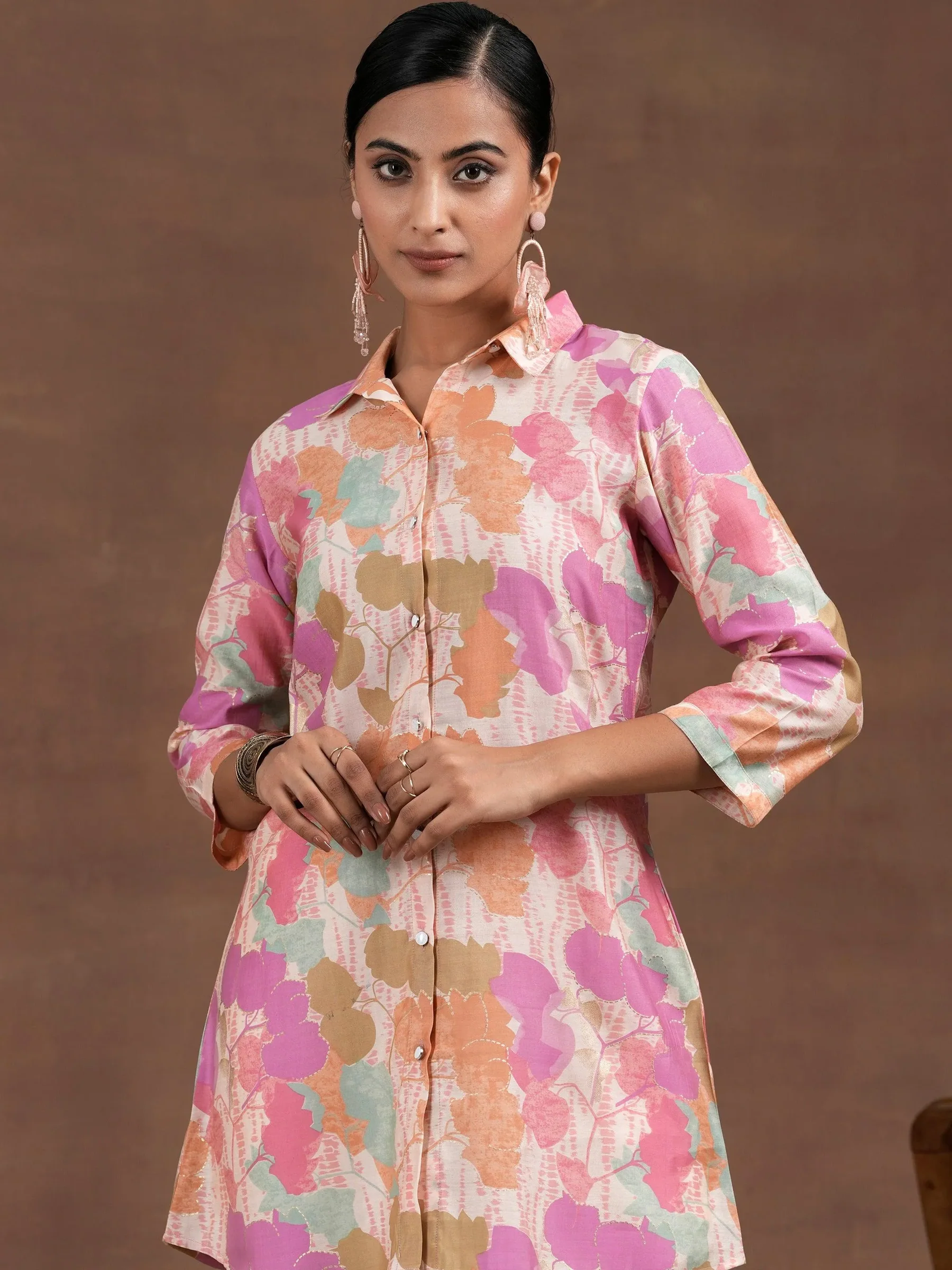Pink Printed Silk Blend Straight Shirt - Image 6