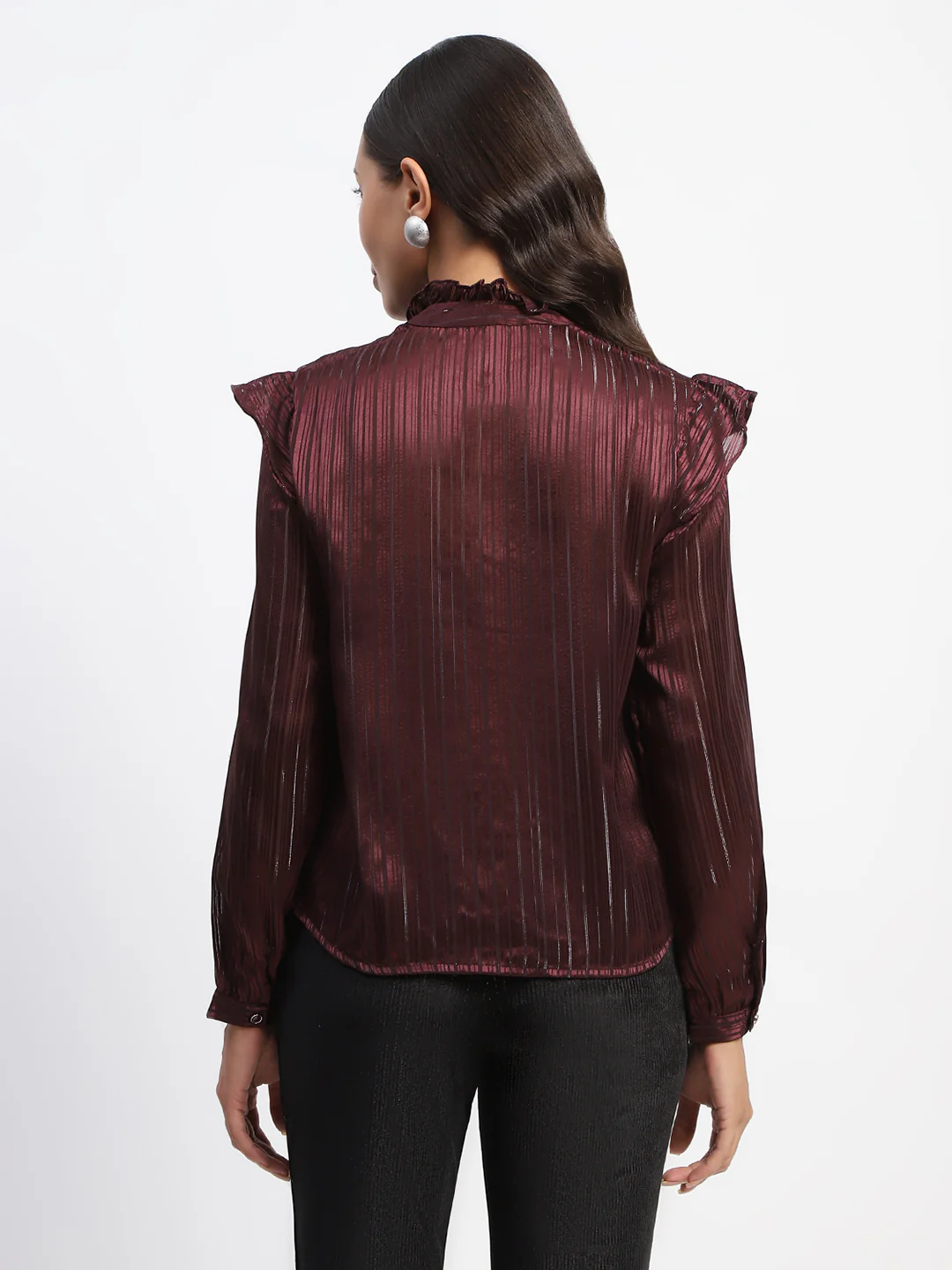 Tie Knot Frill Necked Striped Wine Top - Image 5