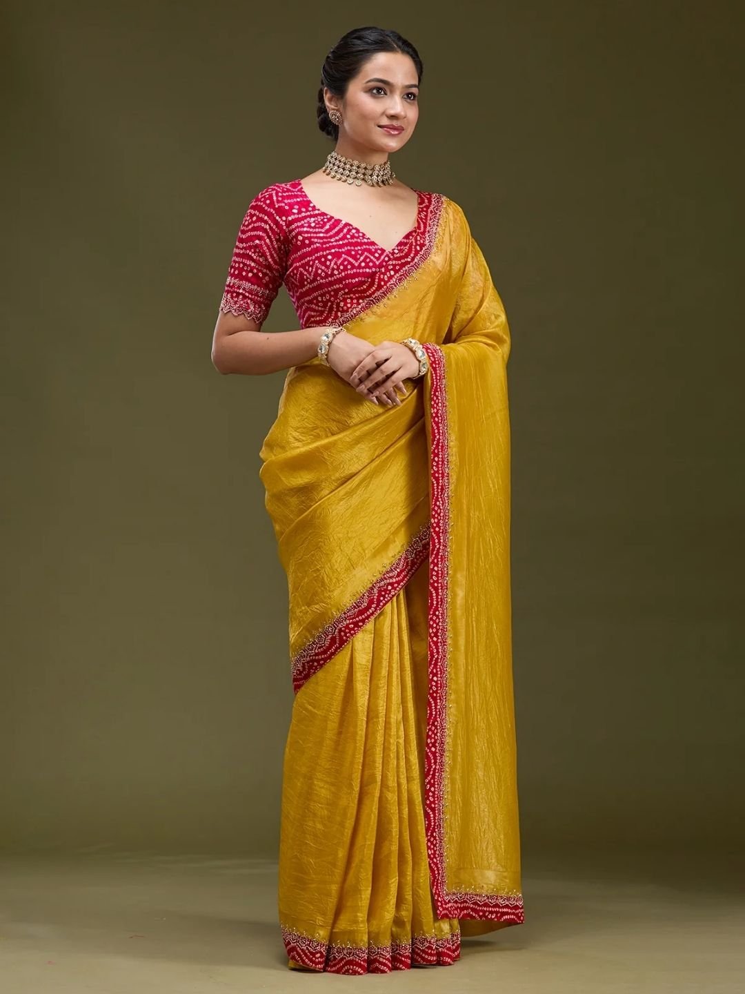 Mustard Printed Satin Saree - Image 4