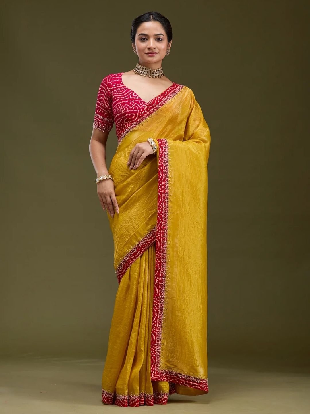Mustard Printed Satin Saree - Image 3