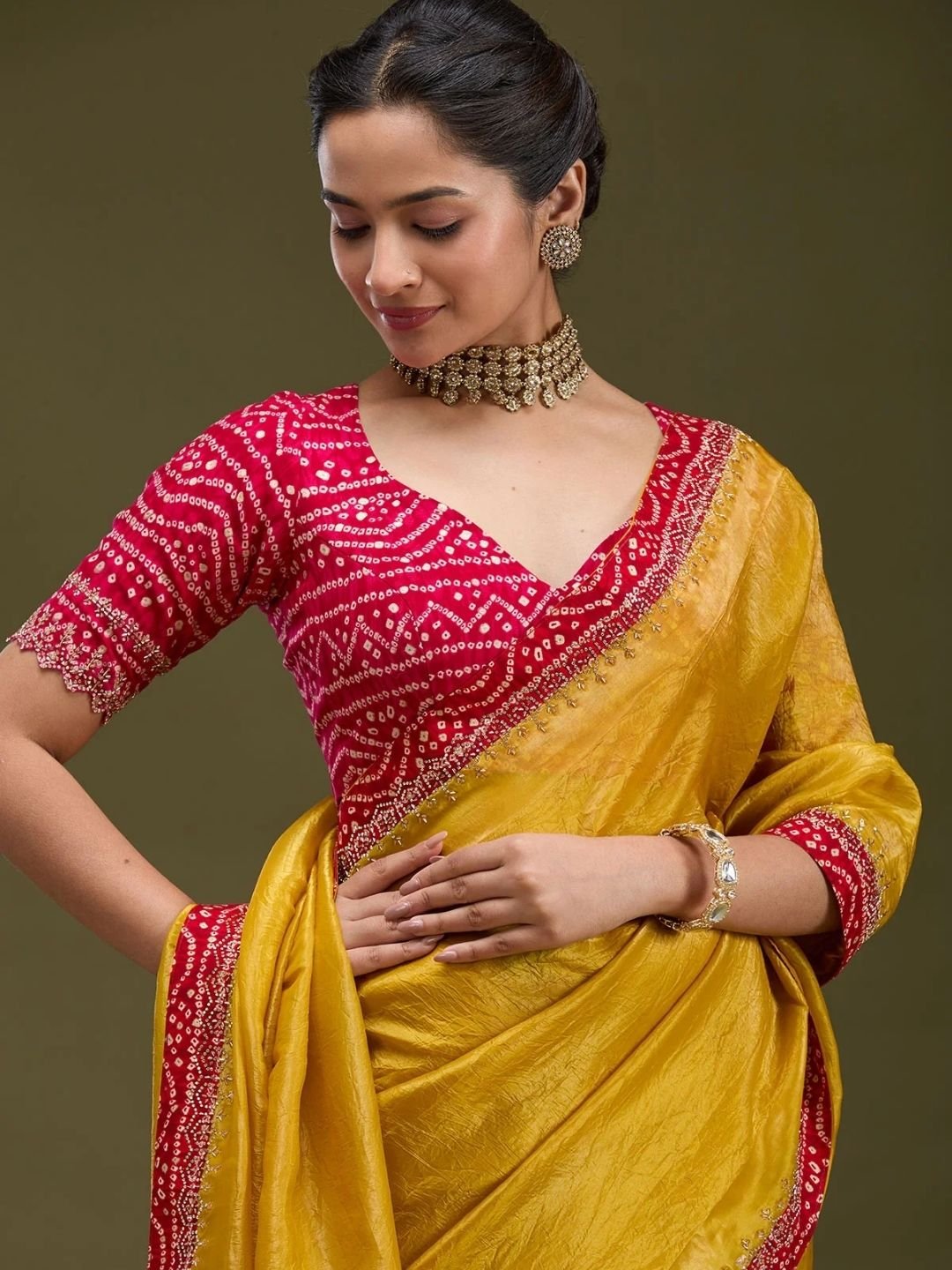 Mustard Printed Satin Saree - Image 2