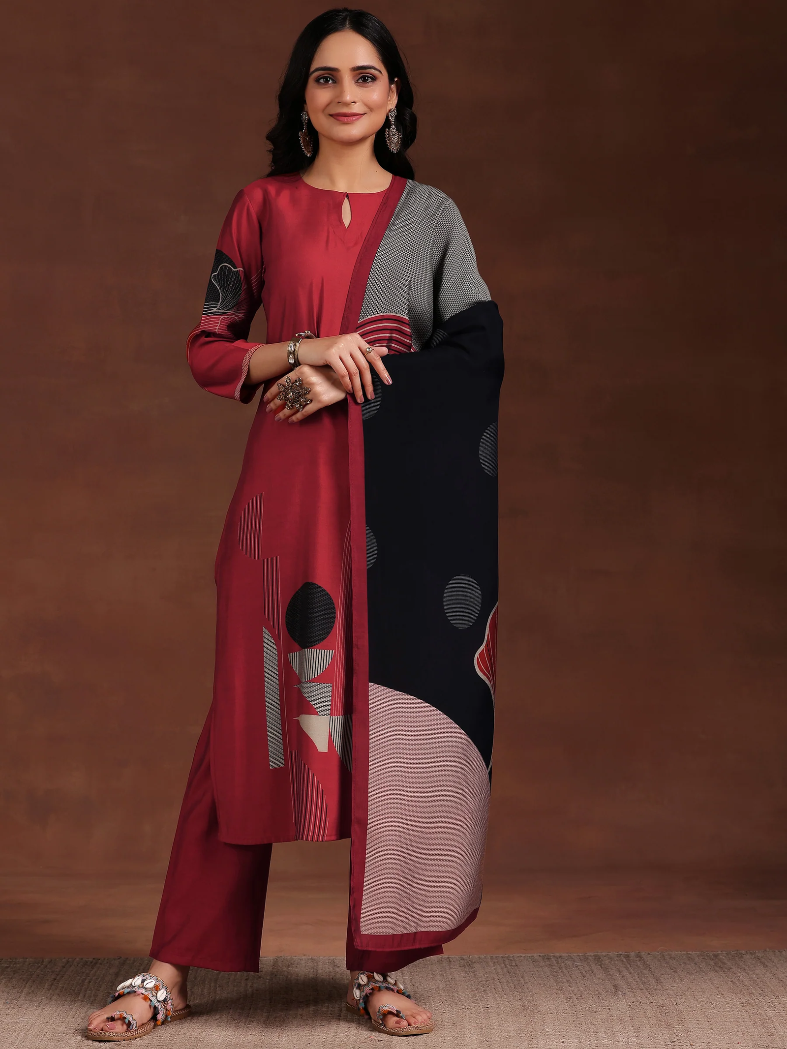 Maroon Printed Silk Blend Straight Suit With Dupatta