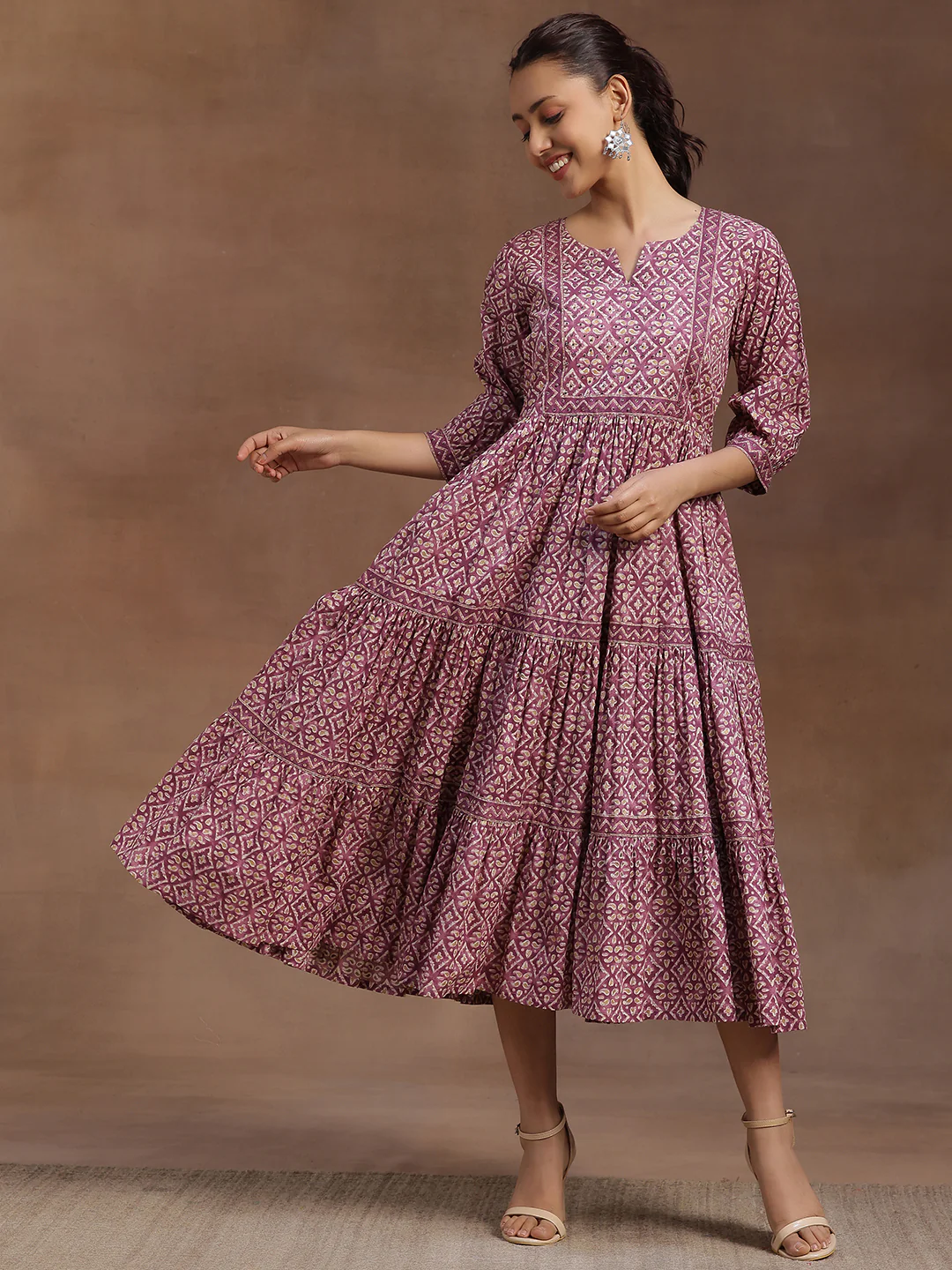 Purple Printed Cotton A-Line Dress - Image 5