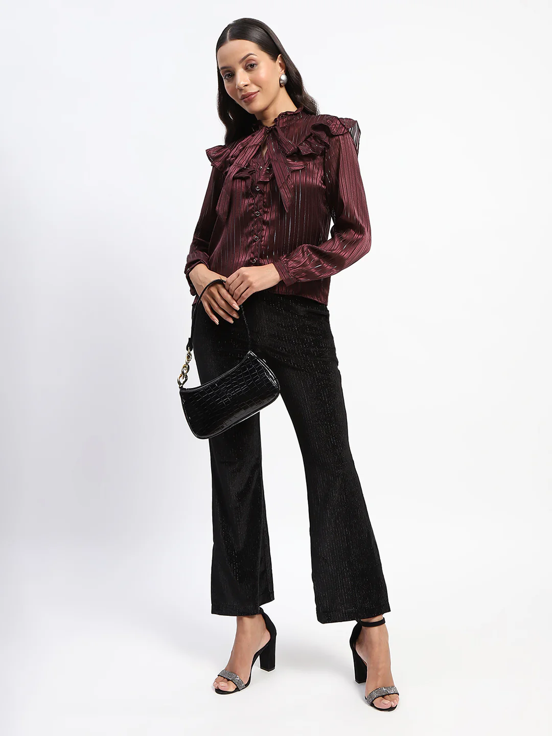 Tie Knot Frill Necked Striped Wine Top - Image 6