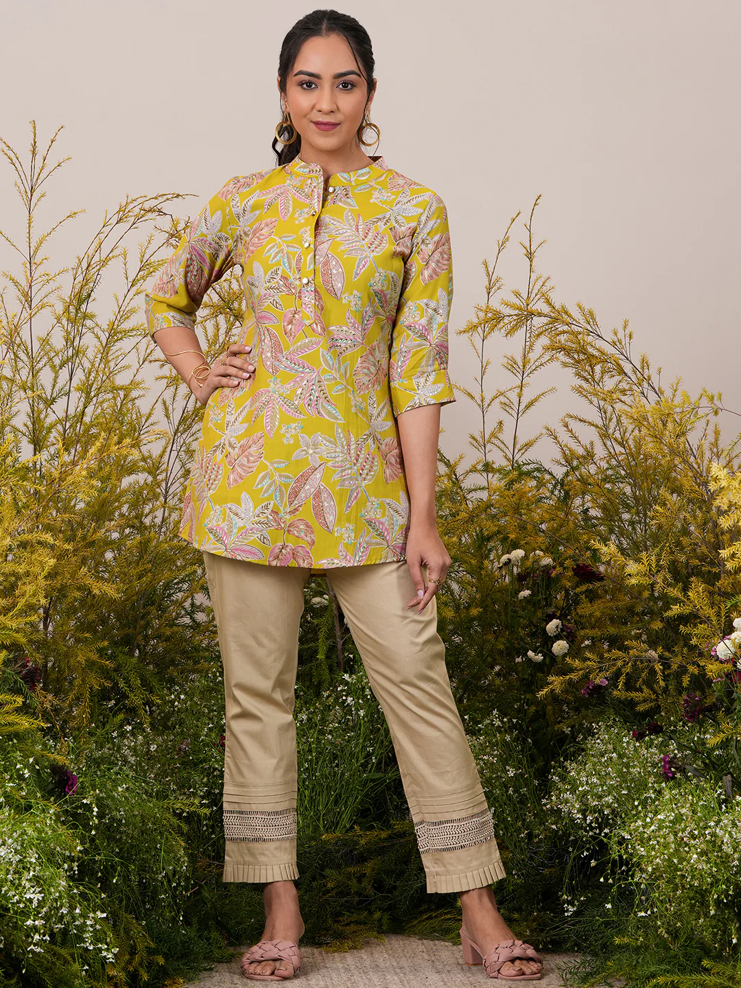 Yellow Printed Silk Blend Straight Short Kurti - Image 6