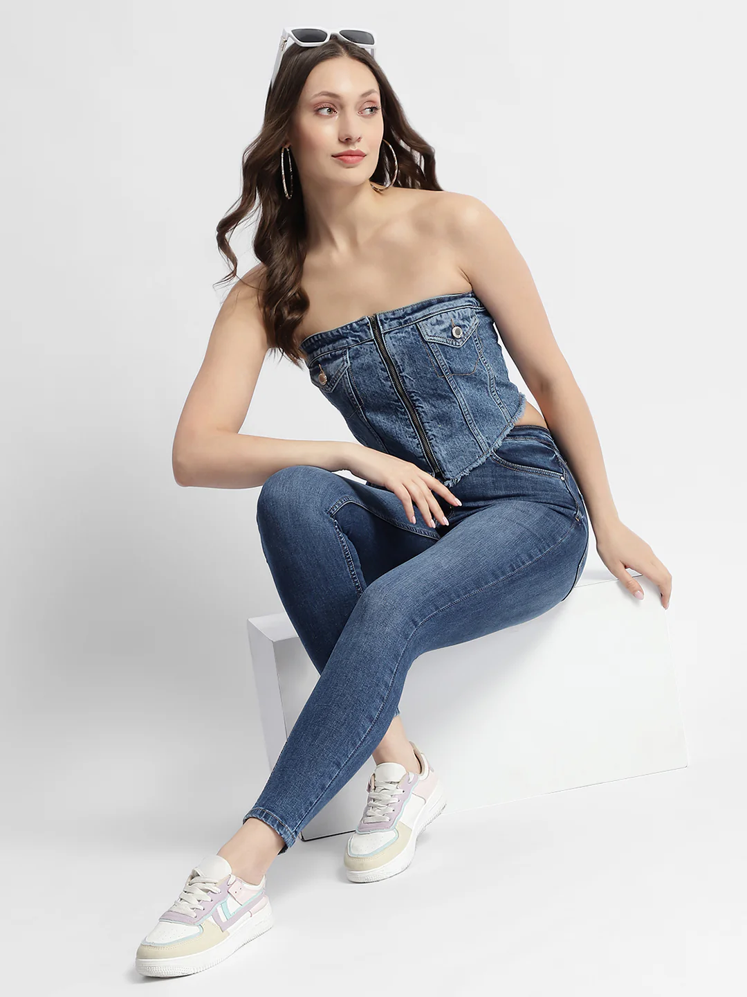 Blue Front Zipper Denim Tube Top - Image 5