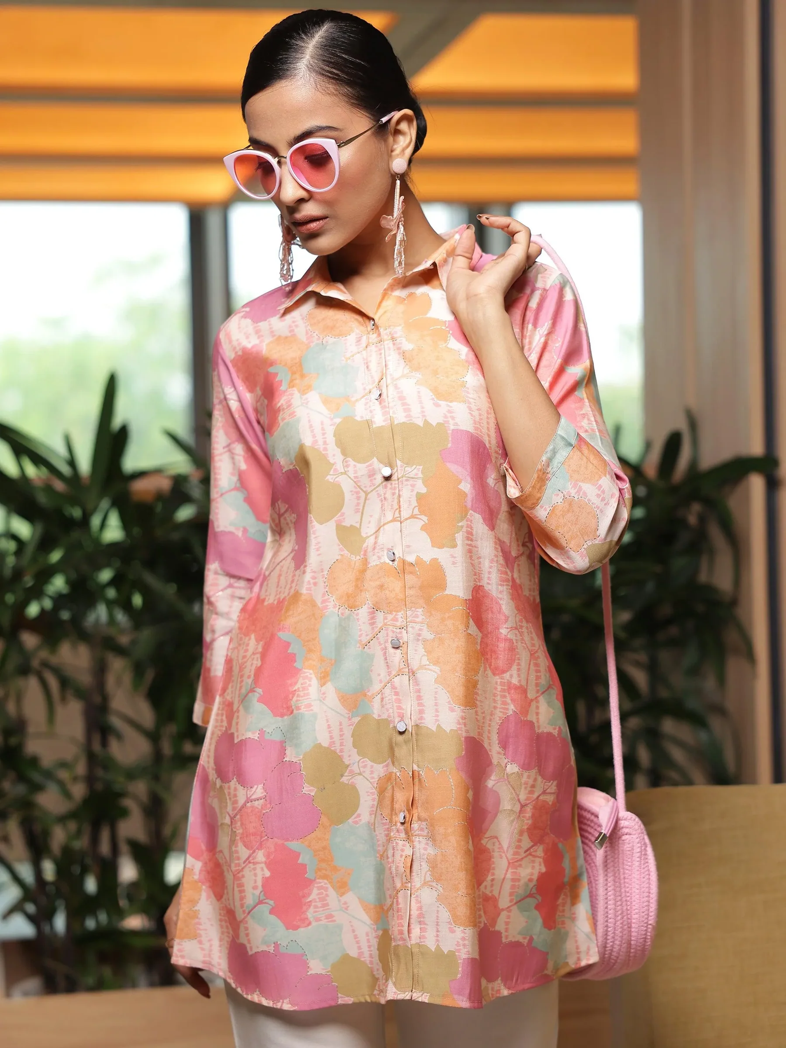 Pink Printed Silk Blend Straight Shirt - Image 2