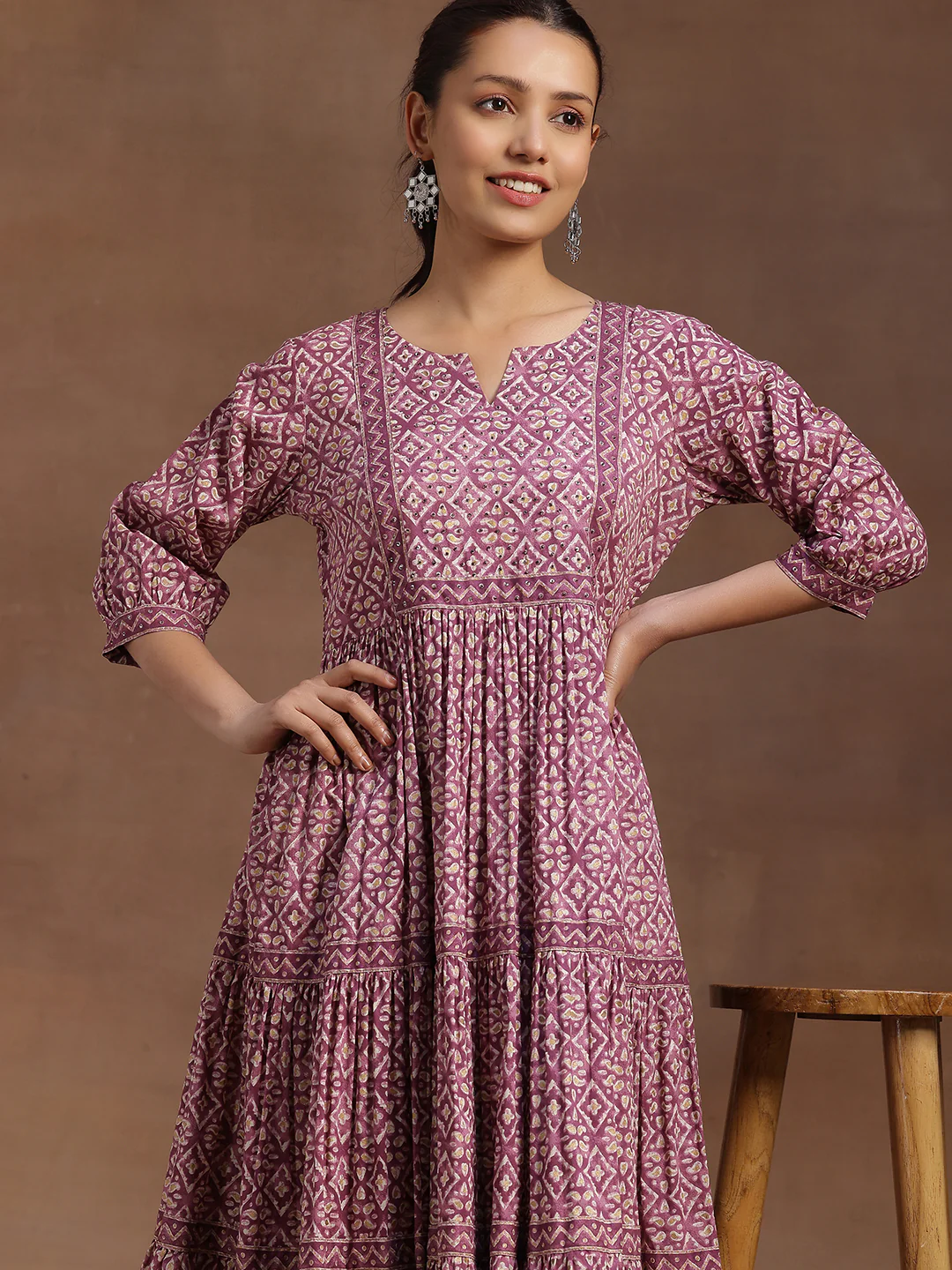 Purple Printed Cotton A-Line Dress - Image 6