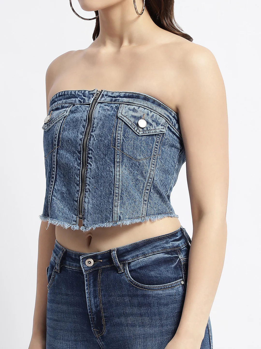 Blue Front Zipper Denim Tube Top - Image 6