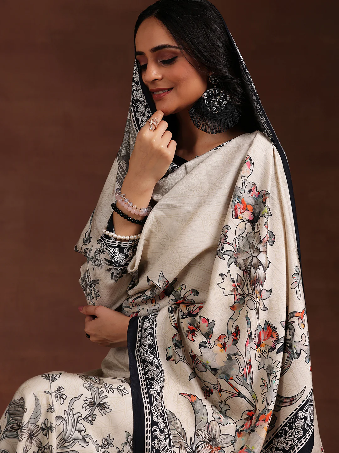 Monochrome Printed Silk Blend Straight Suit With Dupatta - Image 6