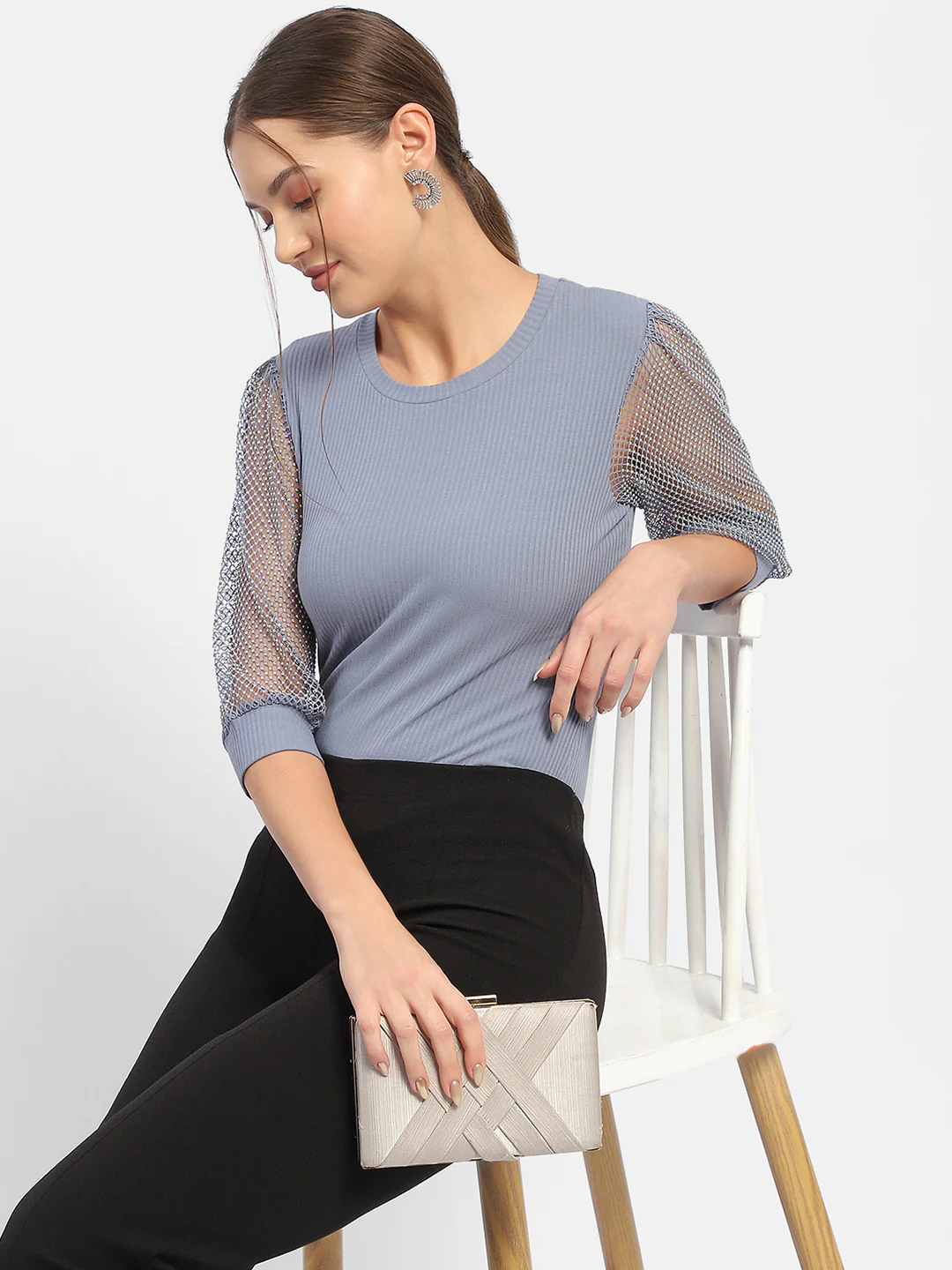Knit Sleeve Grey Regular Top - Image 6