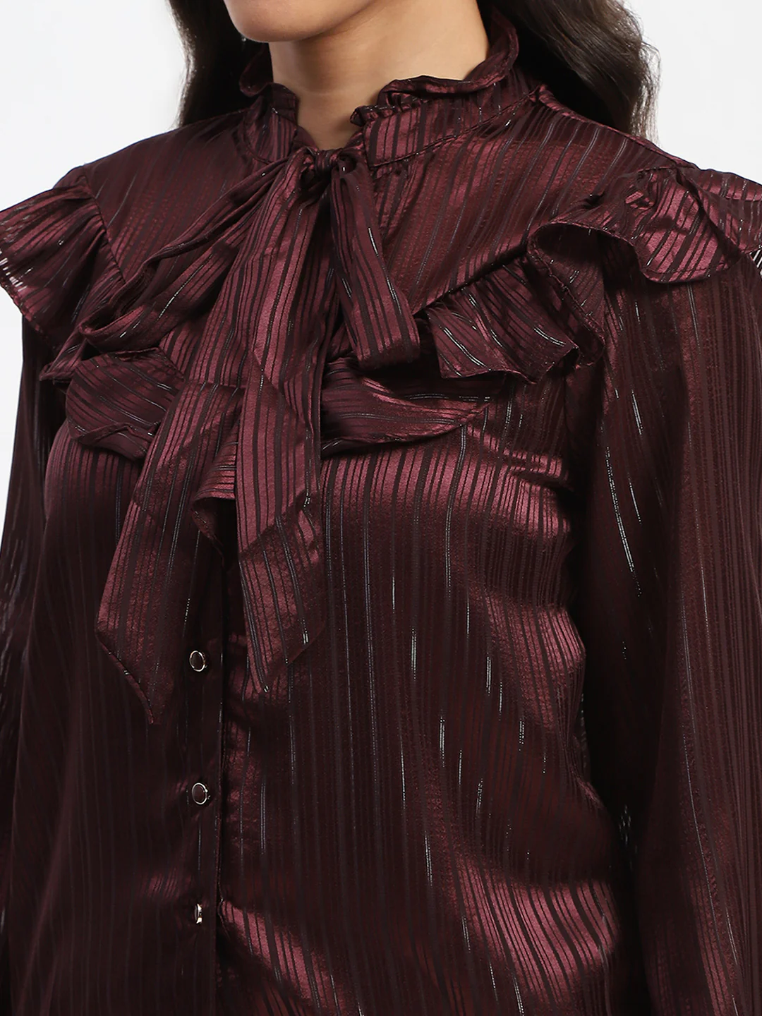 Tie Knot Frill Necked Striped Wine Top - Image 7