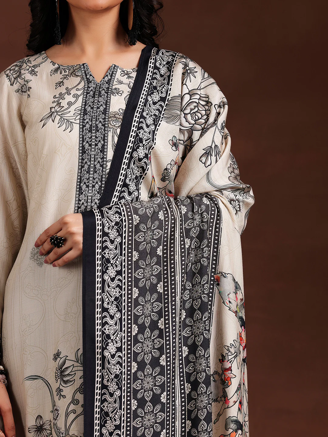 Monochrome Printed Silk Blend Straight Suit With Dupatta - Image 8