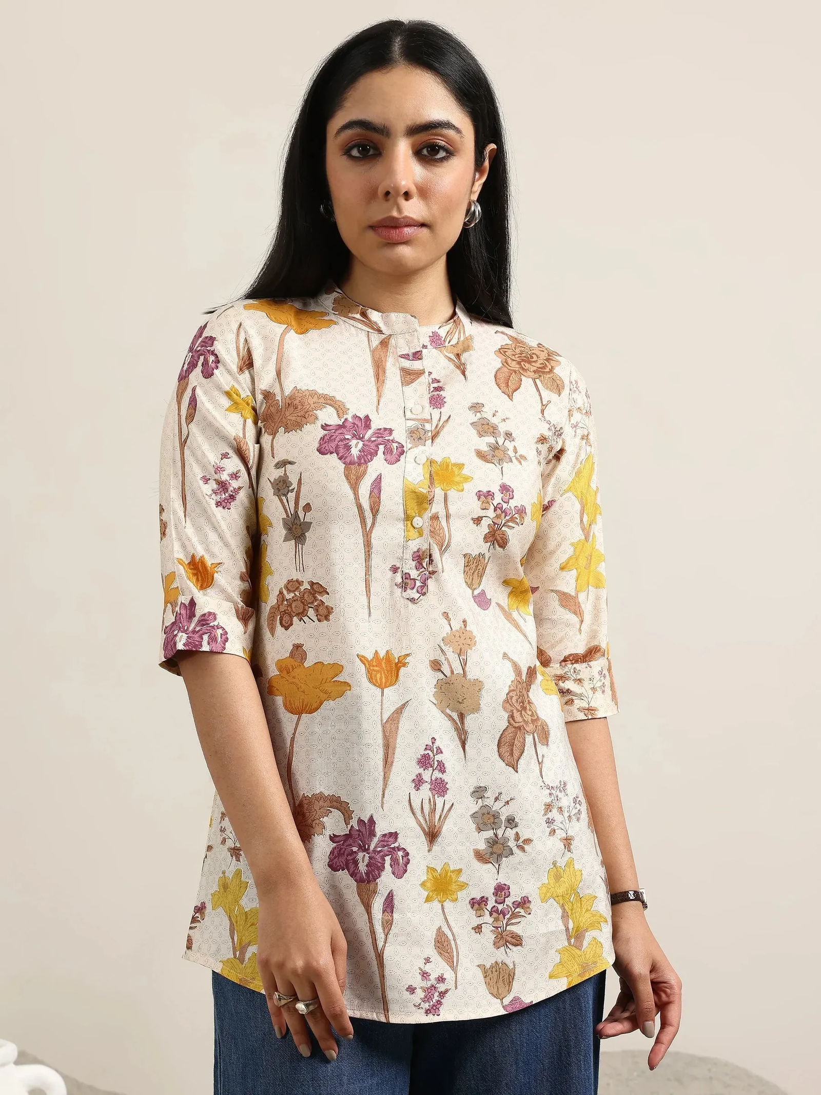 Beige Printed Silk Blend Straight Shirt