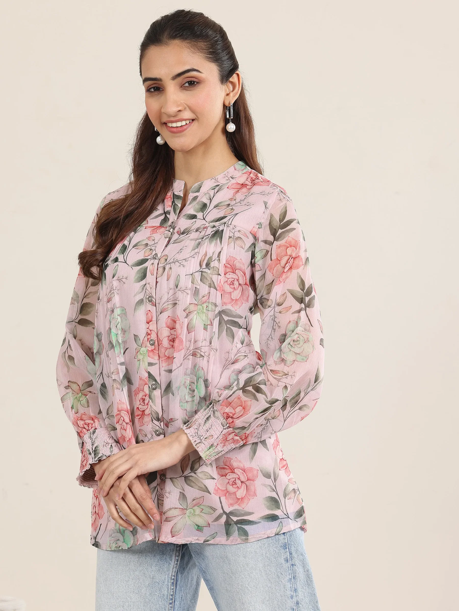 Pink Printed Chiffon Straight Shirt - Image 5