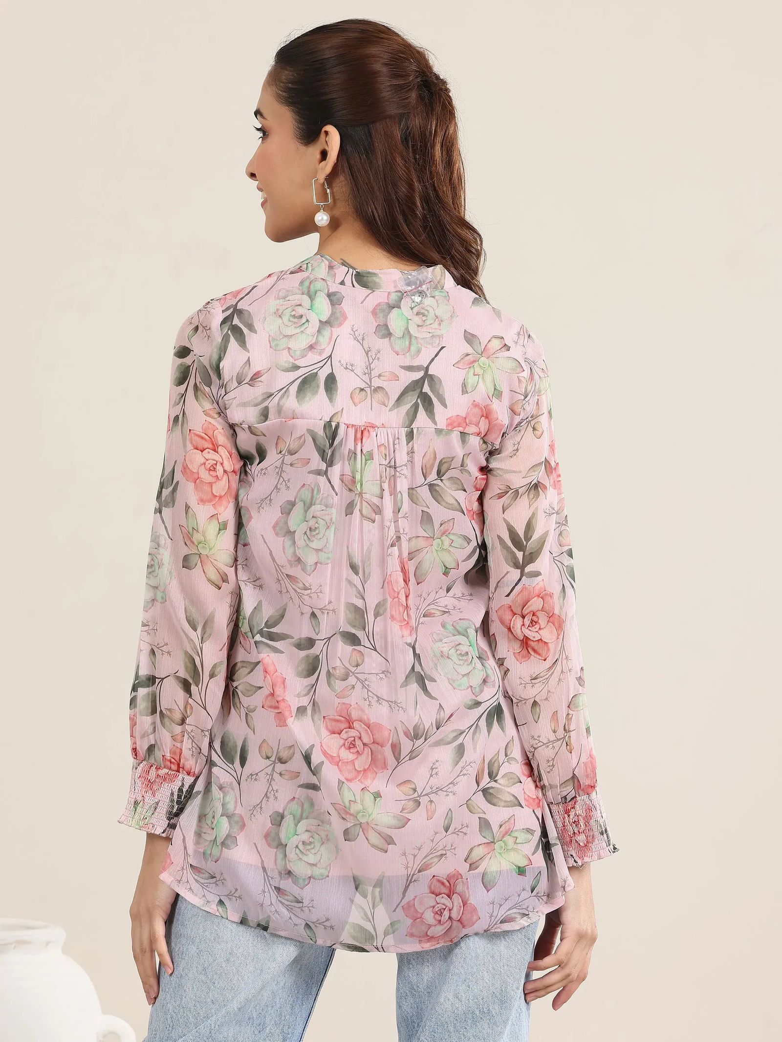 Pink Printed Chiffon Straight Shirt - Image 4