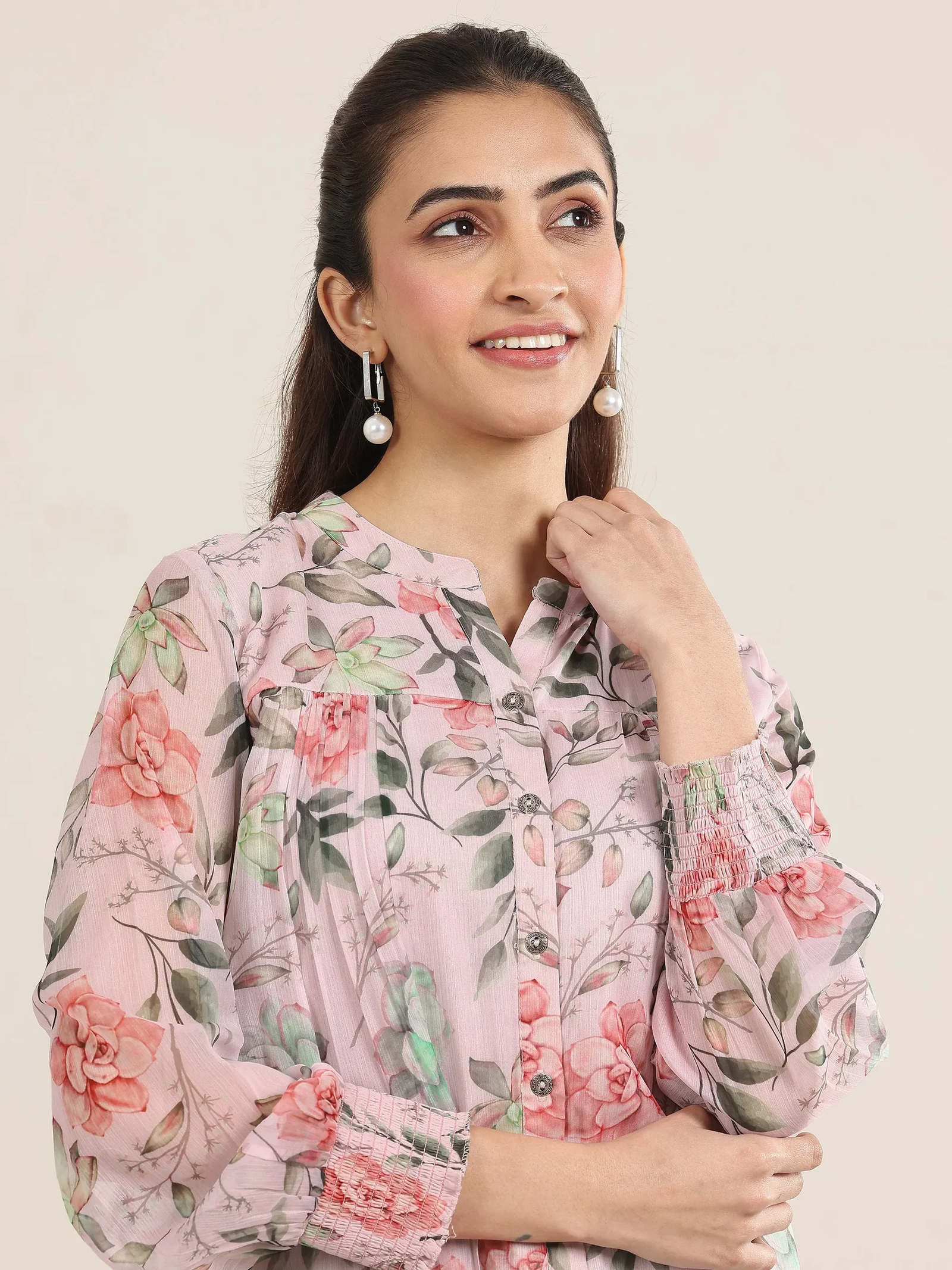 Pink Printed Chiffon Straight Shirt - Image 3