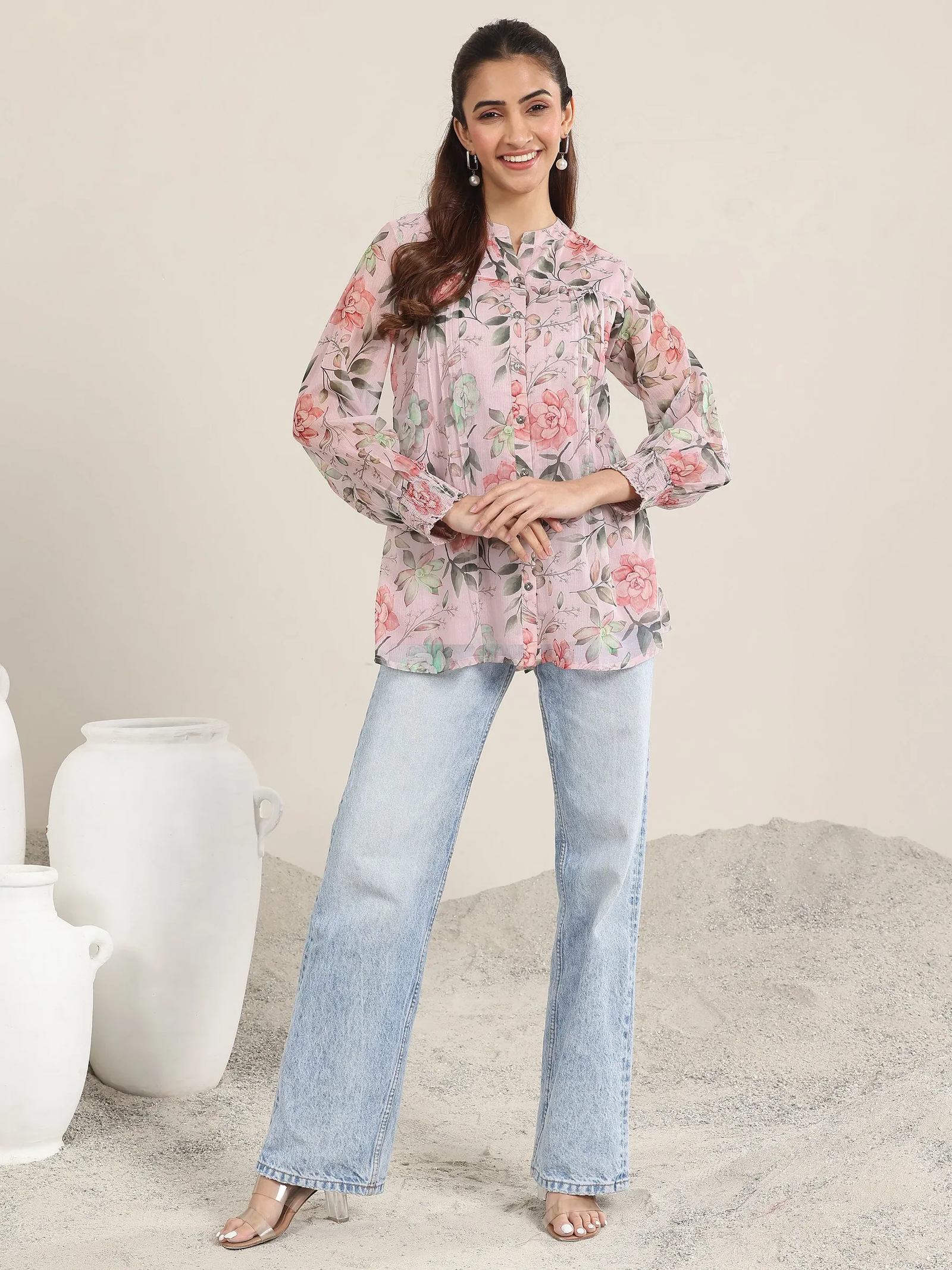 Pink Printed Chiffon Straight Shirt - Image 2