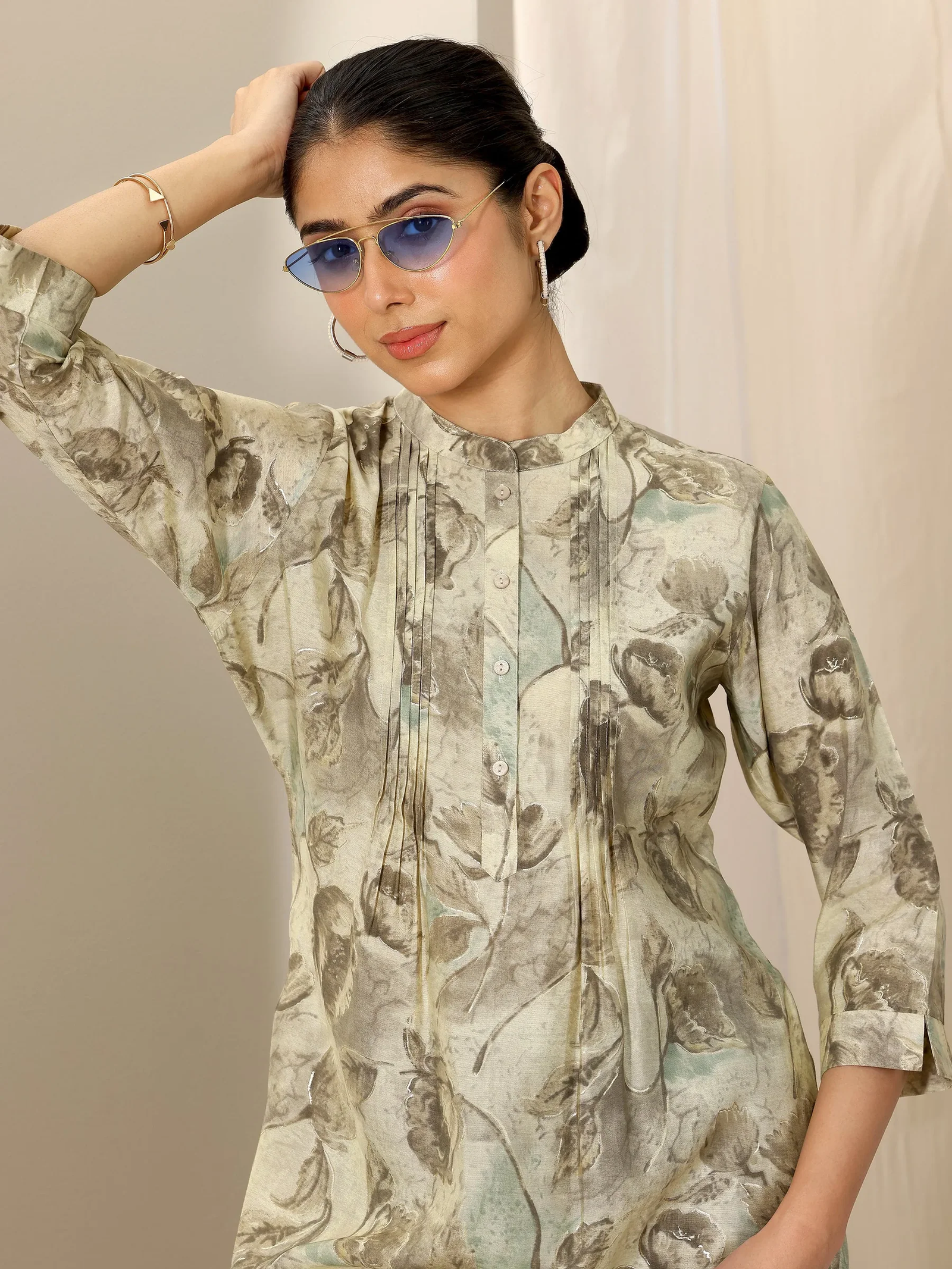 Beige Printed Silk Blend Straight Shirt