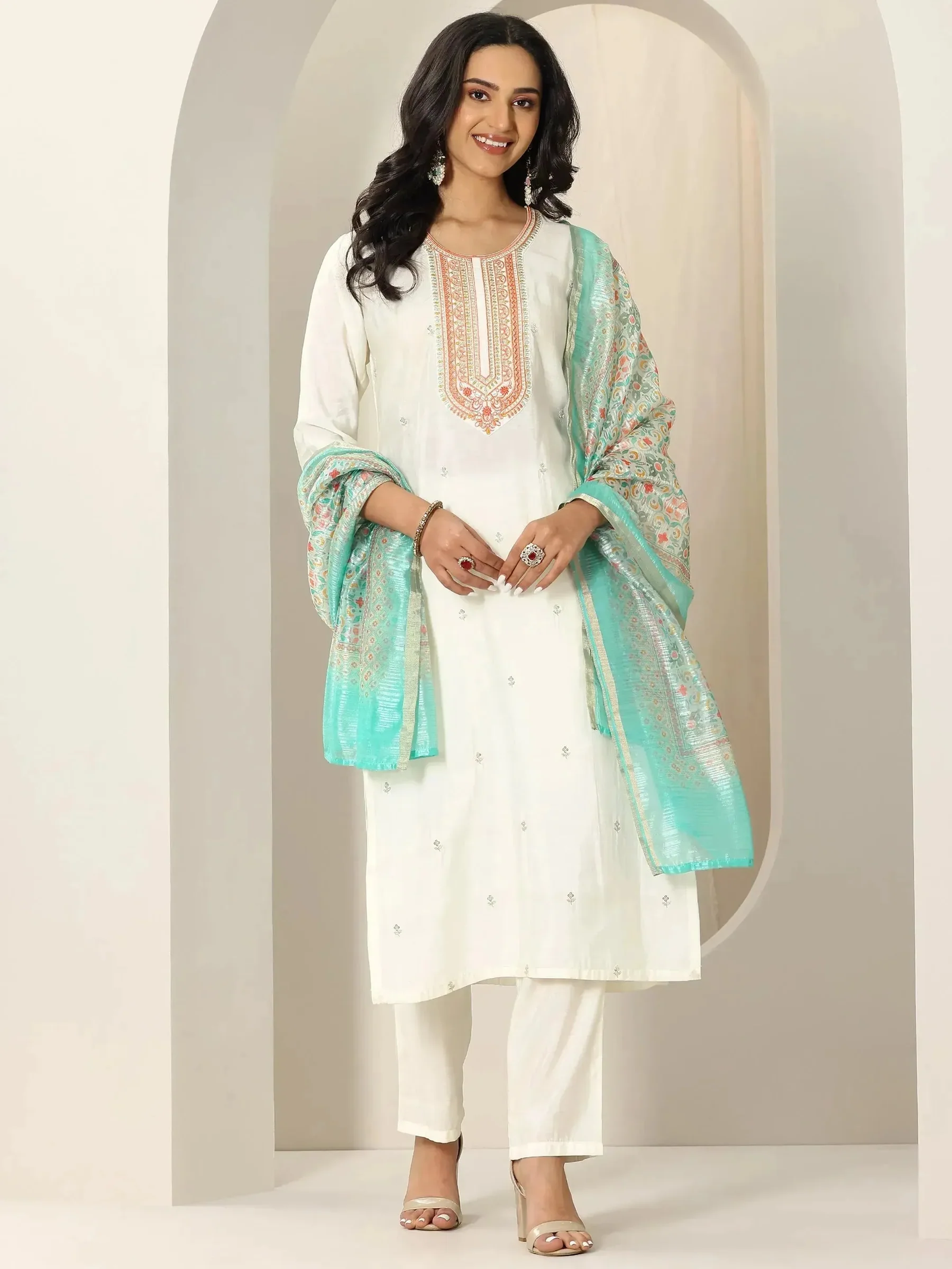 White Embroidered Silk Blend Straight Suit Set With Dupatta