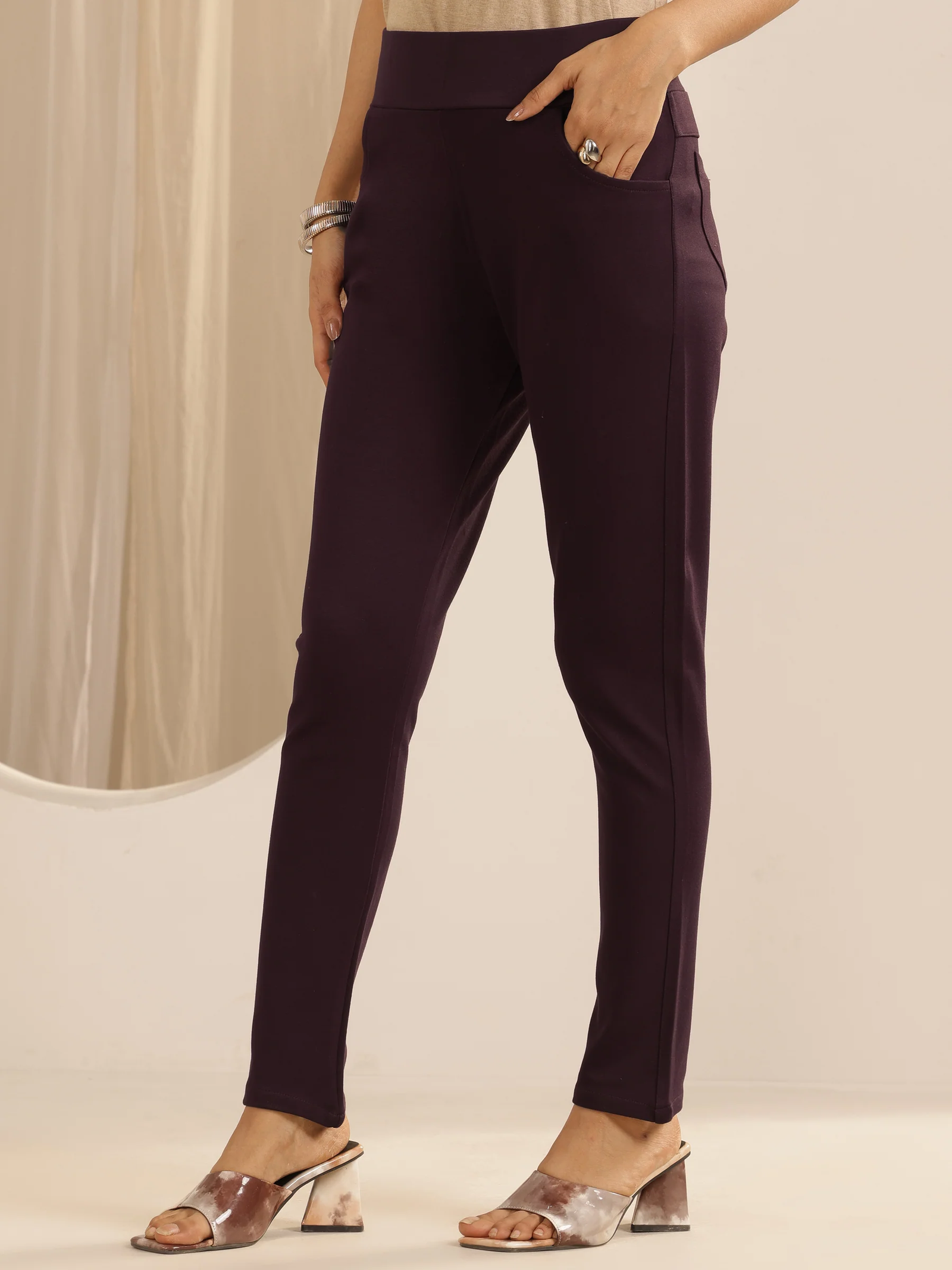 Wine Solid Rayon Blend Jegging - Image 2