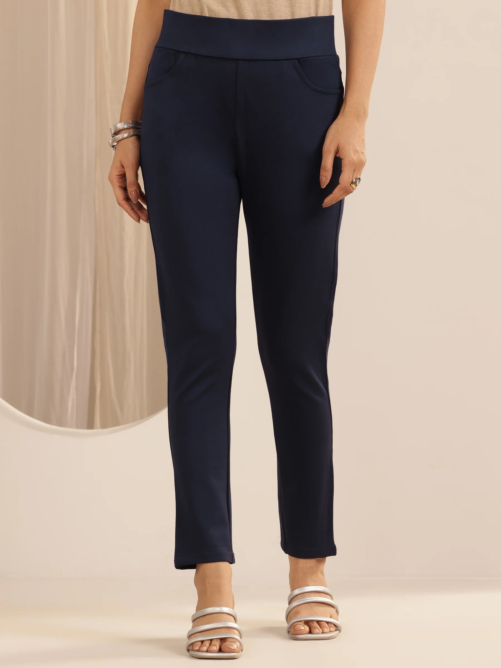 Navy Blue Solid Rayon Blend Jegging