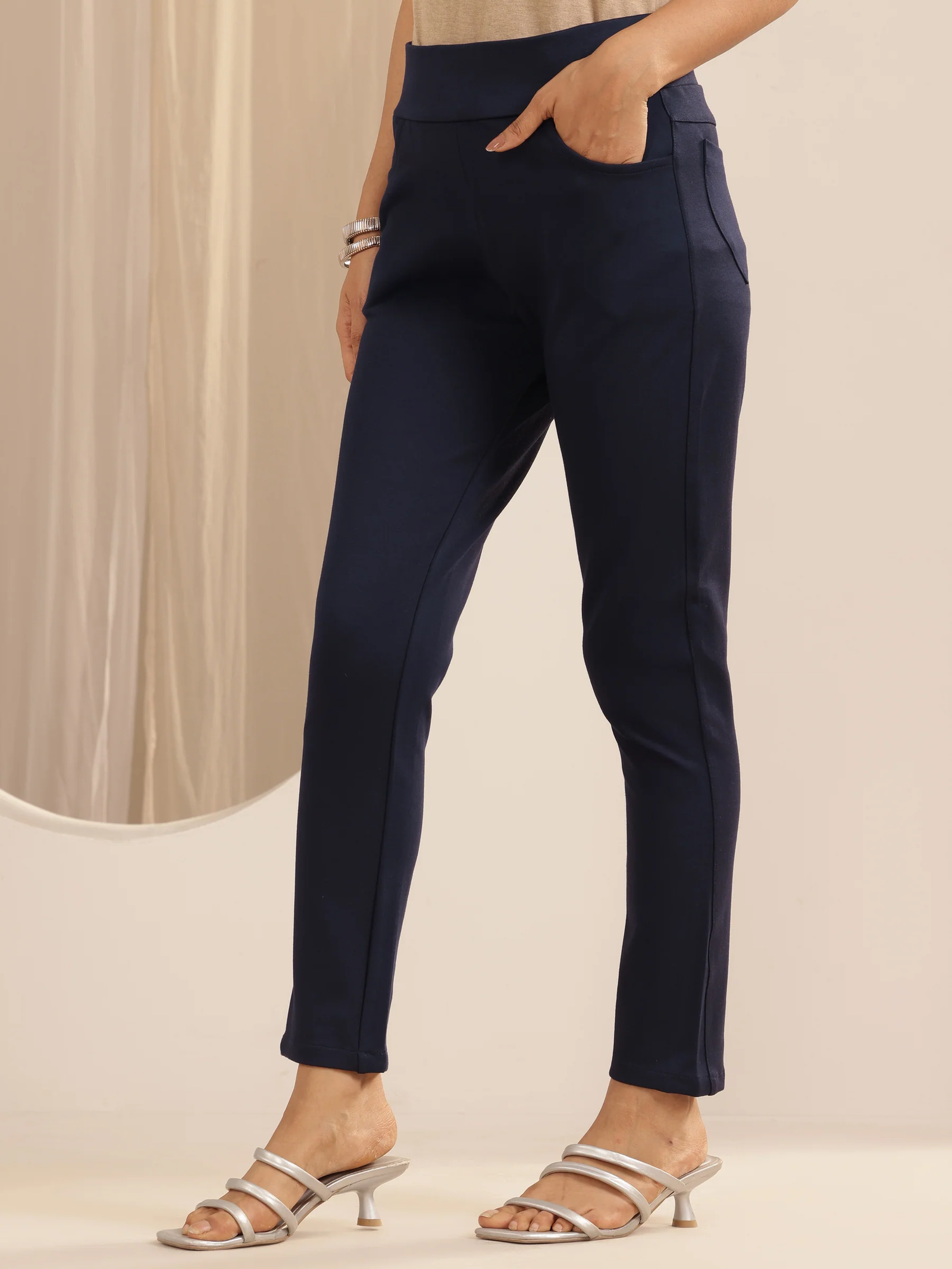 Navy Blue Solid Rayon Blend Jegging - Image 2