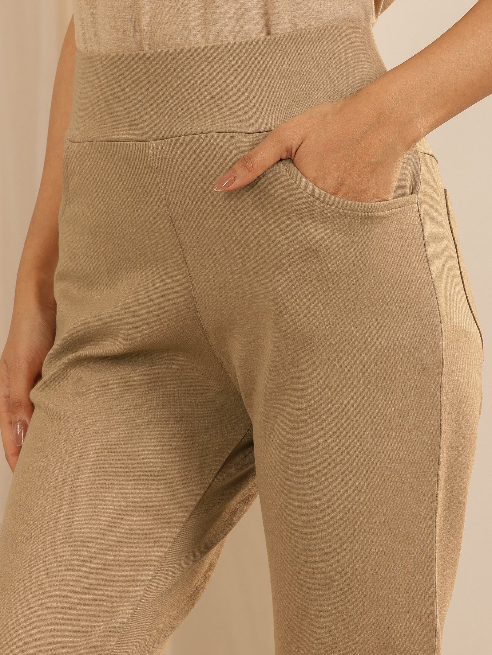 Beige Solid Rayon Blend Jegging - Image 2