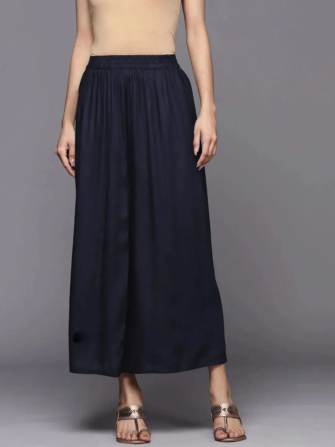 Navy Blue Solid Rayon Palazzos