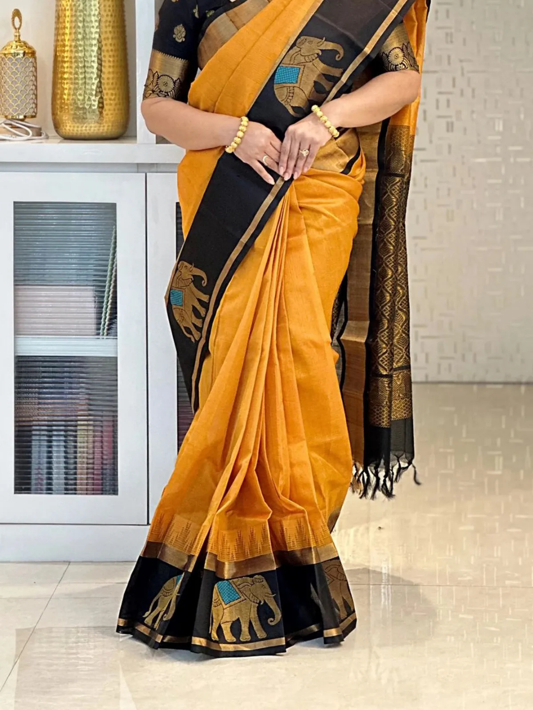 Rajwada Mustard Lichi Silk Saree - Image 3