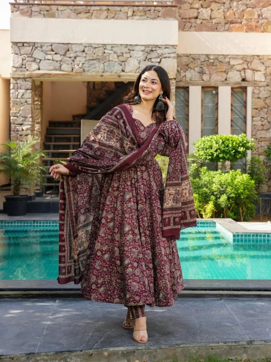 Burgundy Blossom Anarkali Set
