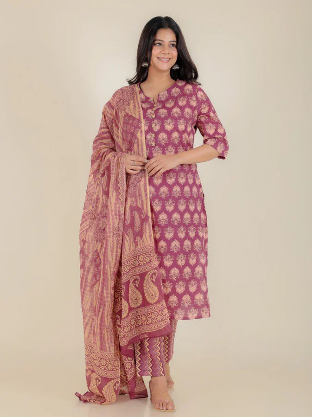 Burnt Pink Floral Cotton Kurta Set