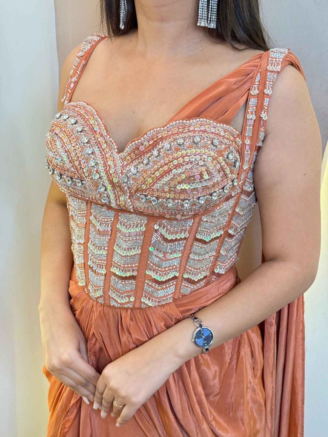 Rust Orange Pure Crepe Handwork Drape Saree - Image 3