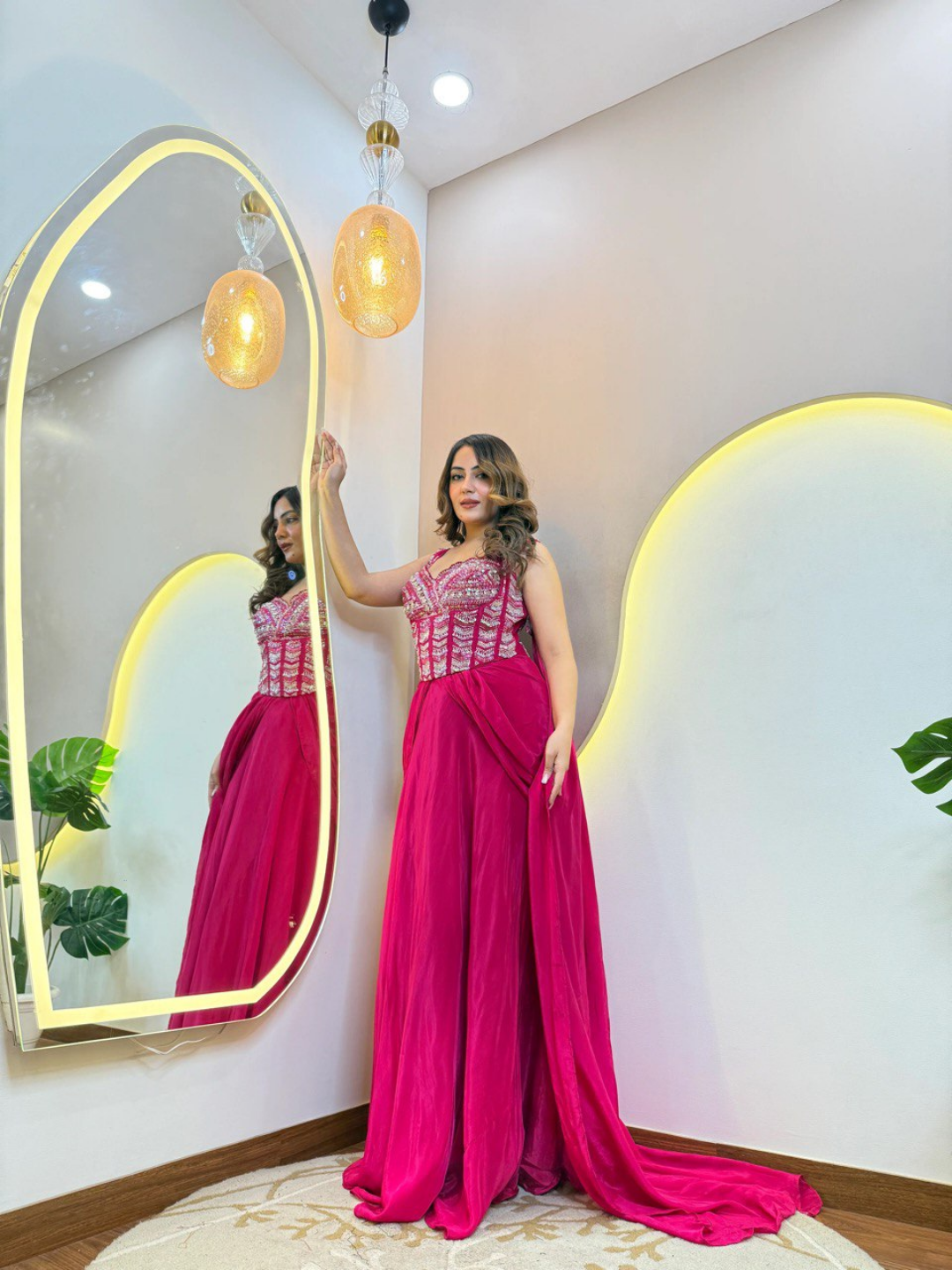 Hot Pink Pure Crepe Handwork Drape Saree - Image 2