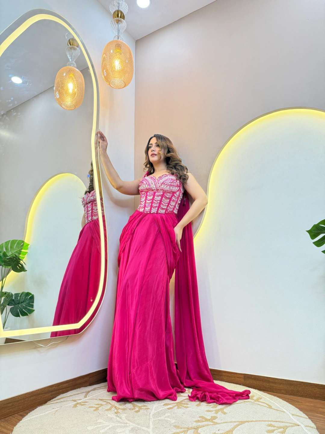 Hot Pink Pure Crepe Handwork Drape Saree - Image 3