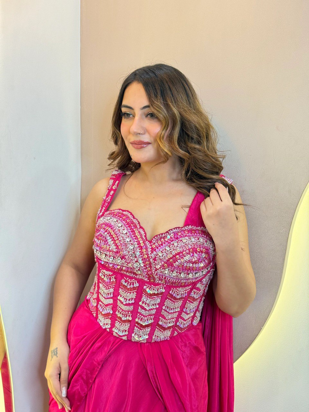 Hot Pink Pure Crepe Handwork Drape Saree - Image 4