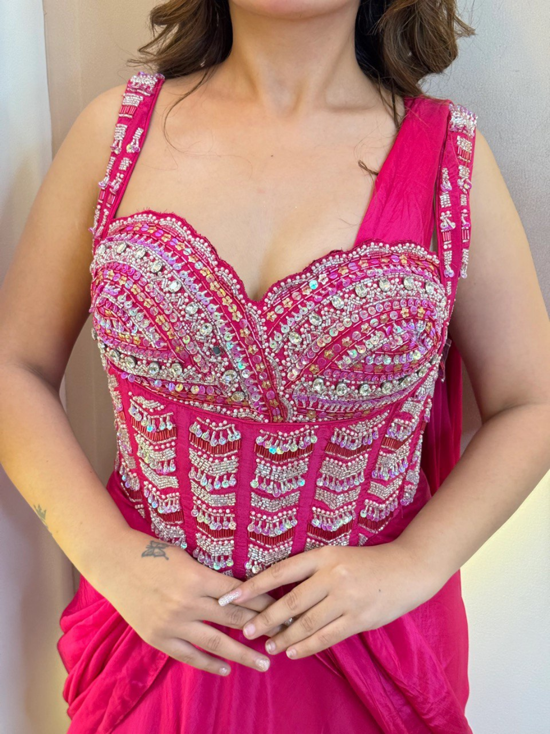 Hot Pink Pure Crepe Handwork Drape Saree - Image 5