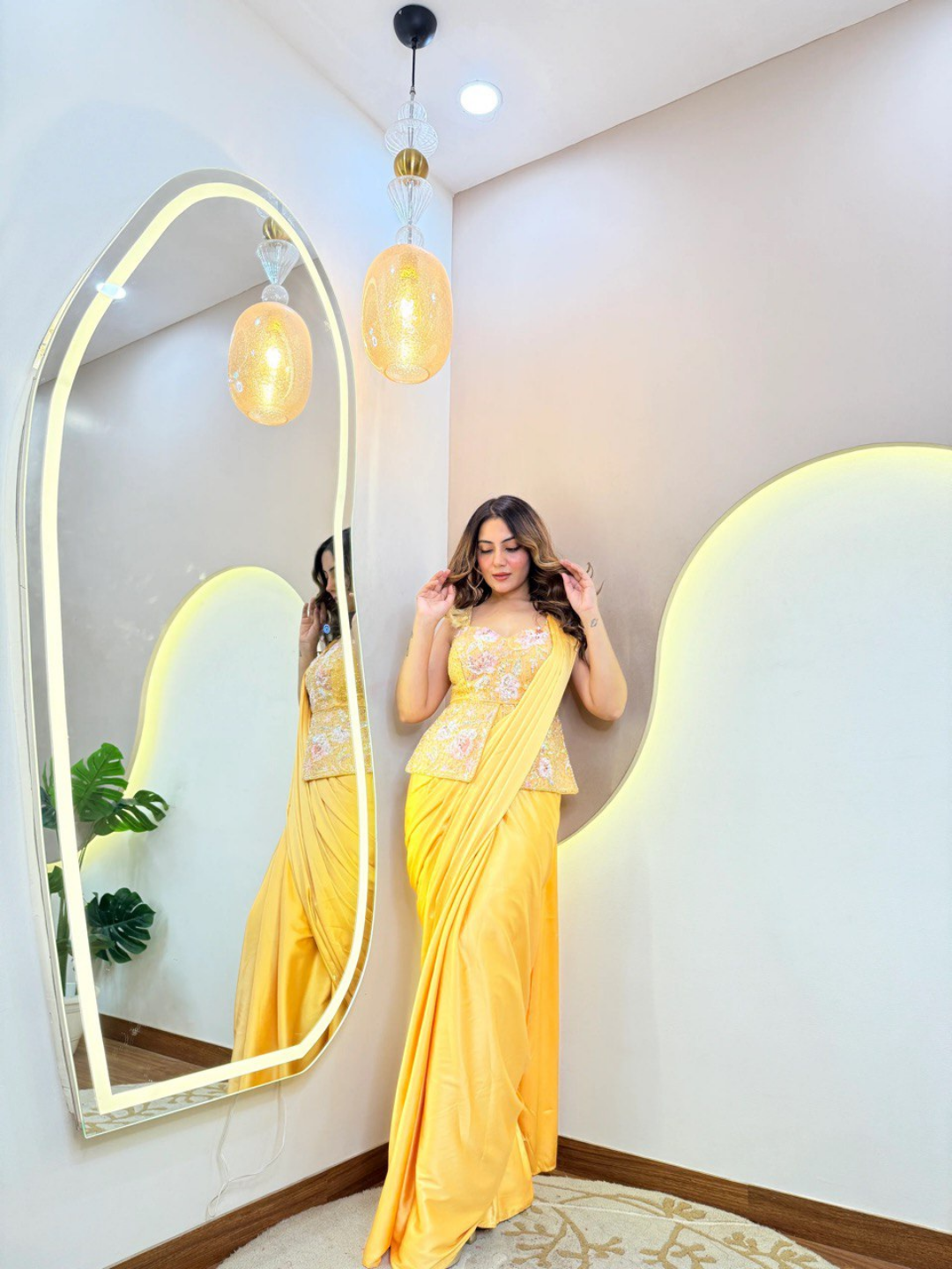 Sunshine Yellow Pure Satin Handwork Drape Saree Cord Set - Image 2