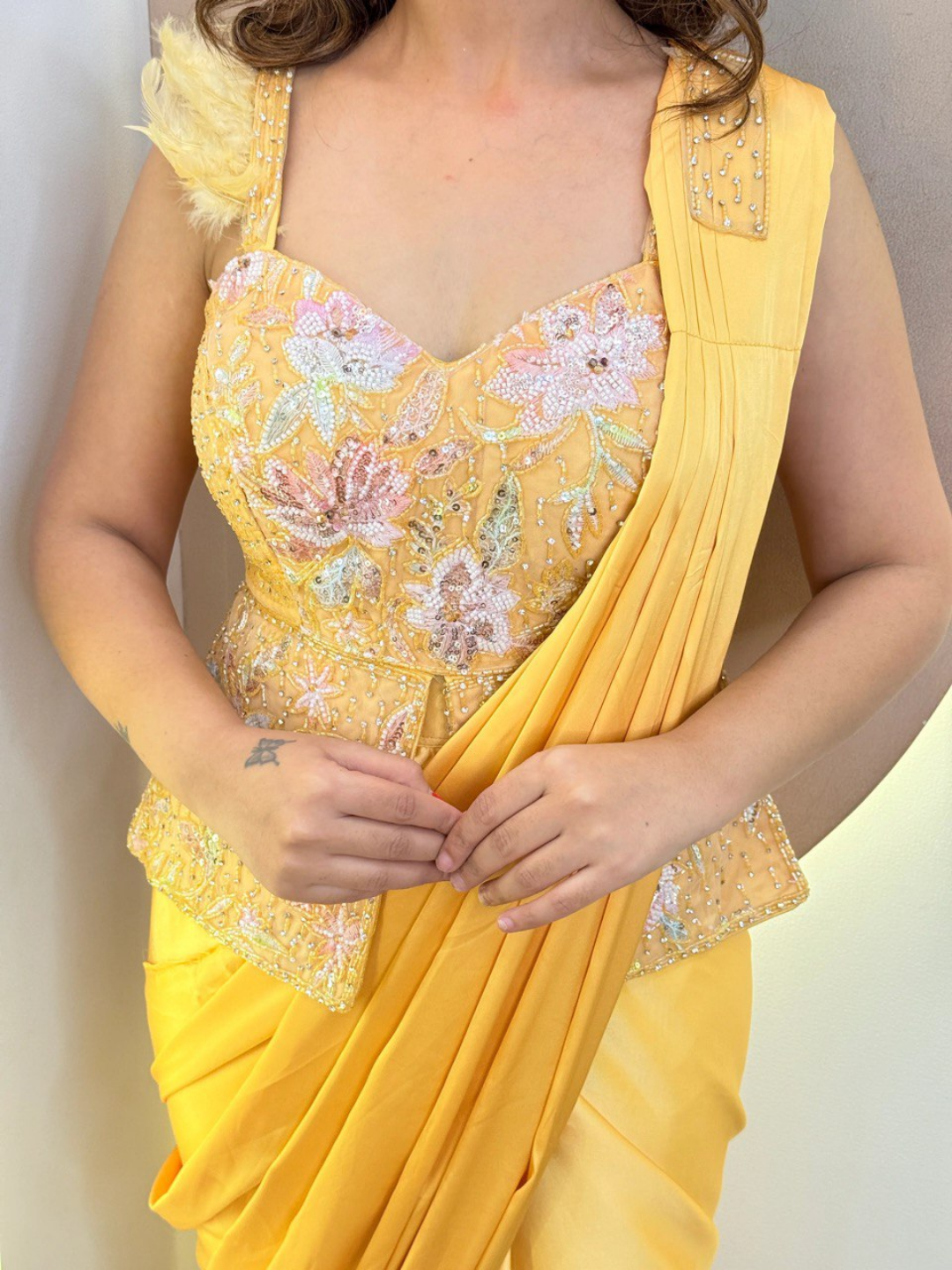 Sunshine Yellow Pure Satin Handwork Drape Saree Cord Set - Image 4