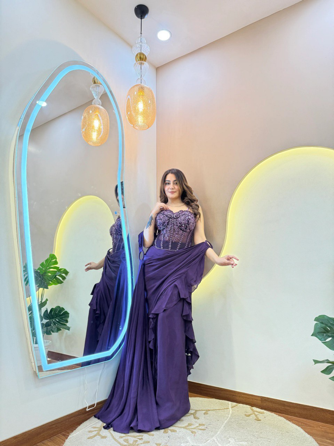 Deep Violet Pure Crepe Handwork Drape Saree