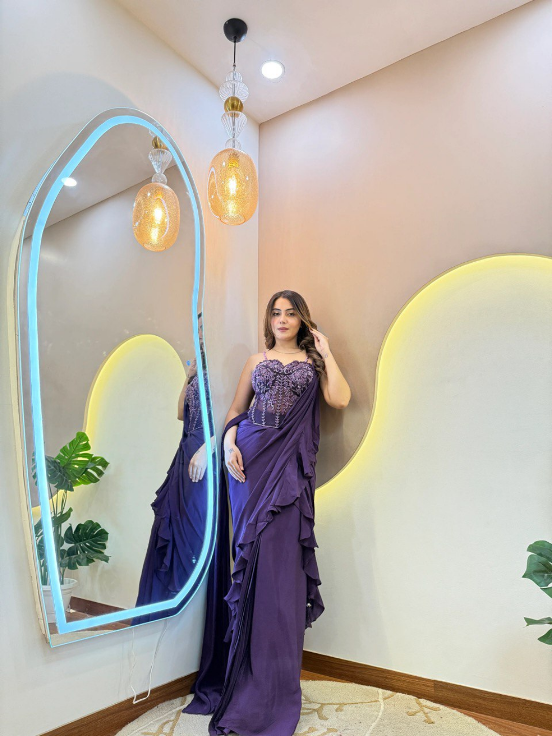 Deep Violet Pure Crepe Handwork Drape Saree - Image 4