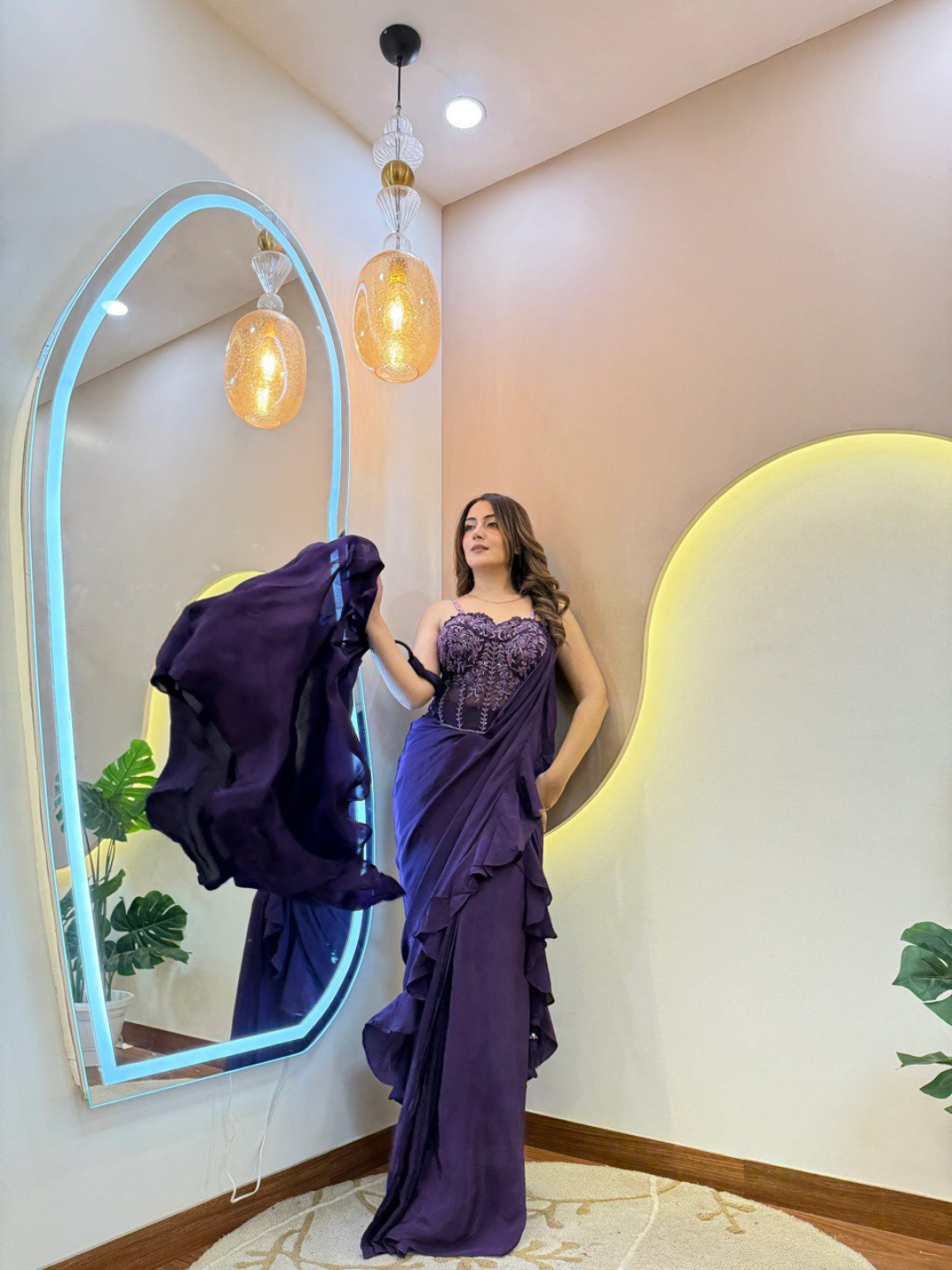 Deep Violet Pure Crepe Handwork Drape Saree - Image 3