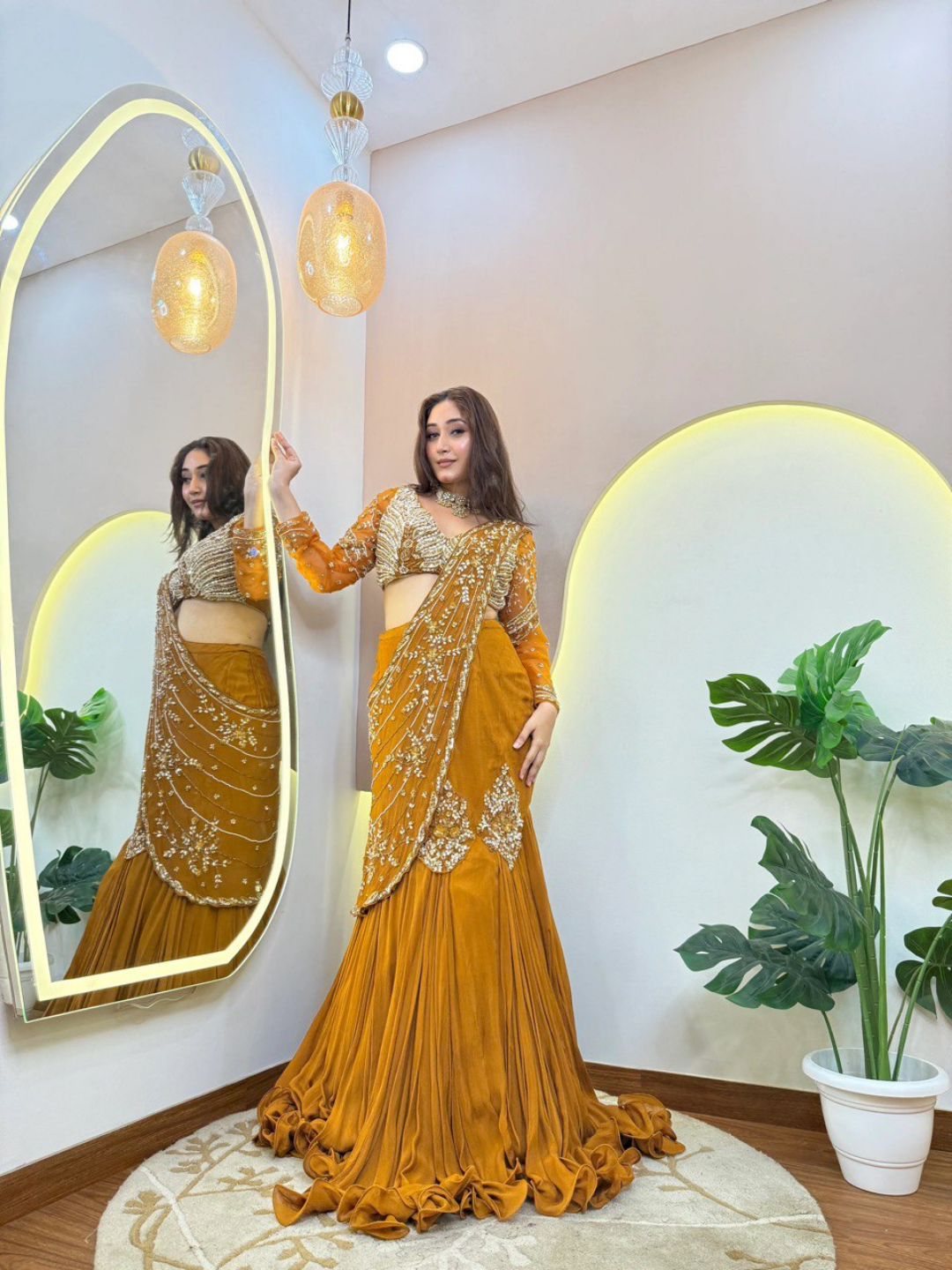 Mustard Gold Embellished Drape Saree