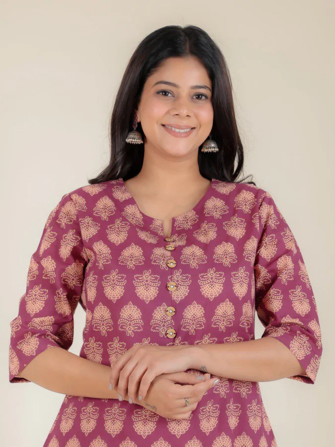 Burnt Pink Floral Cotton Kurta Set - Image 2