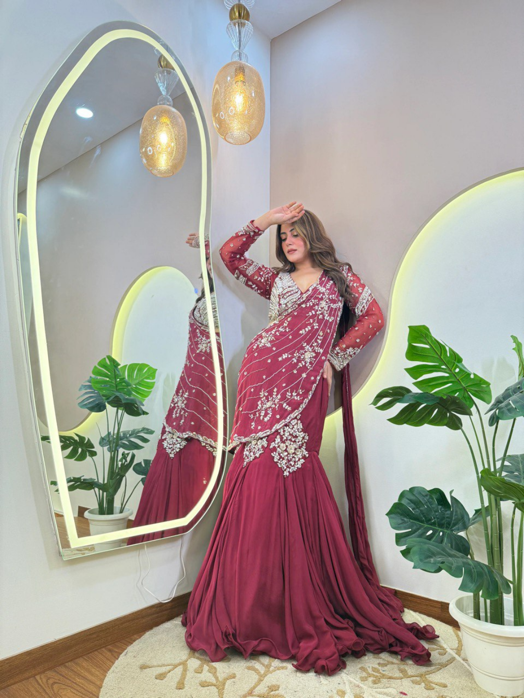 Wine Red Embellished Drape Saree - Image 4