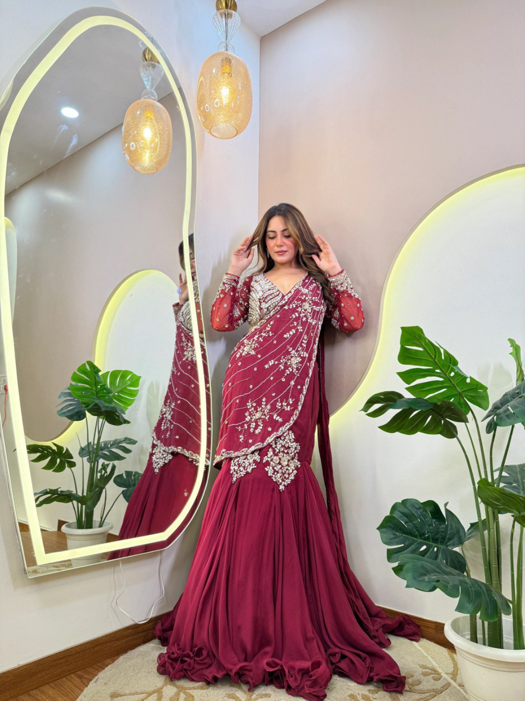 Wine Red Embellished Drape Saree